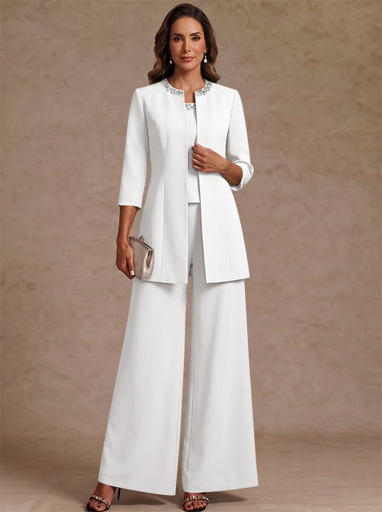 3 Pieces Scoop Chiffon Mother of the Bride Pantsuit Ankle-Length 3/4 Sleeves&Sleeveless Rhinestones with Jacket