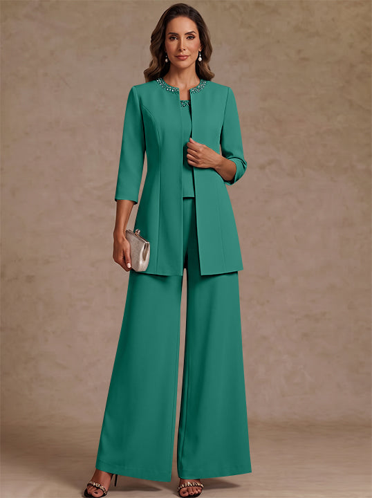 3 Pieces Scoop Chiffon Mother of the Bride Pantsuit Ankle-Length 3/4 Sleeves&Sleeveless Rhinestones with Jacket