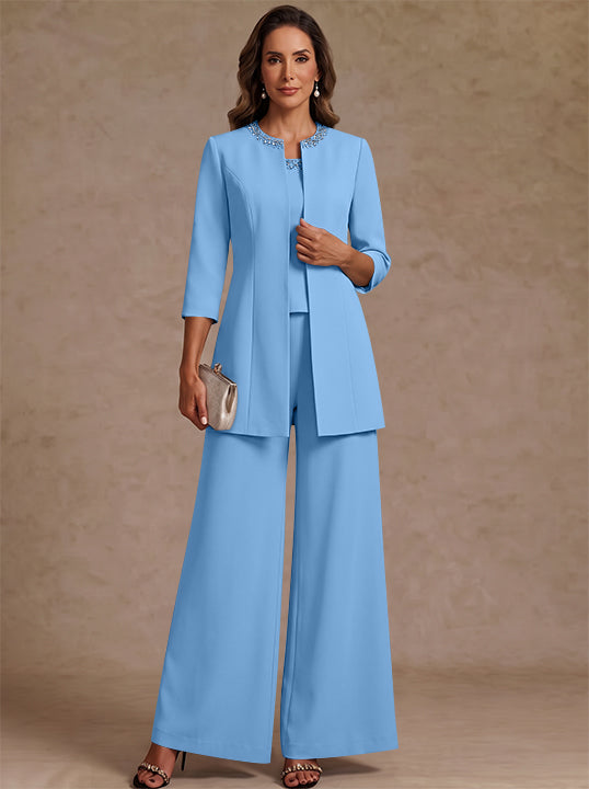 3 Pieces Scoop Chiffon Mother of the Bride Pantsuit Ankle-Length 3/4 Sleeves&Sleeveless Rhinestones with Jacket