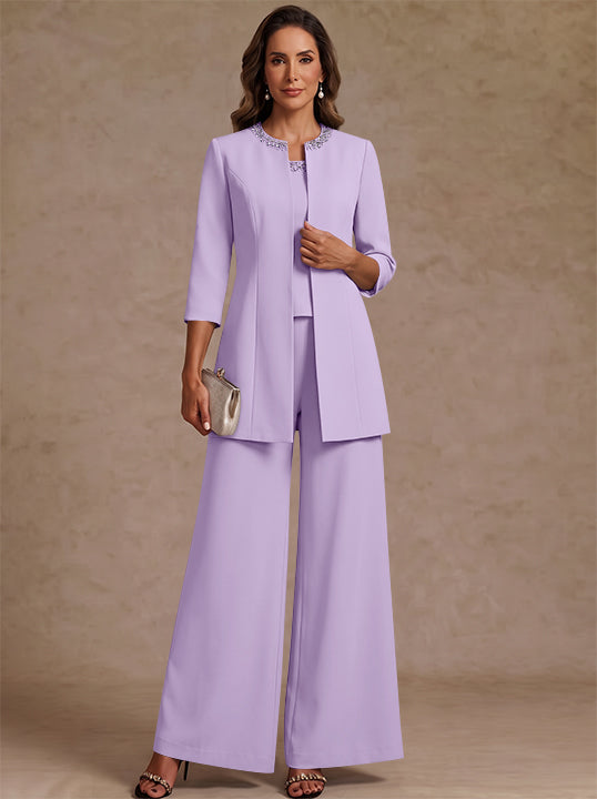 3 Pieces Scoop Chiffon Mother of the Bride Pantsuit Ankle-Length 3/4 Sleeves&Sleeveless Rhinestones with Jacket
