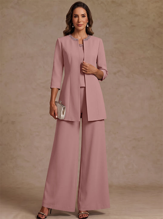 3 Pieces Scoop Chiffon Mother of the Bride Pantsuit Ankle-Length 3/4 Sleeves&Sleeveless Rhinestones with Jacket