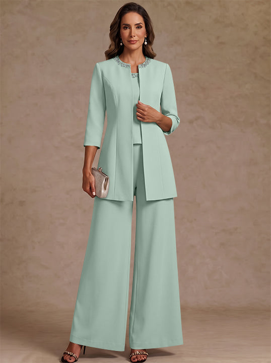 3 Pieces Scoop Chiffon Mother of the Bride Pantsuit Ankle-Length 3/4 Sleeves&Sleeveless Rhinestones with Jacket