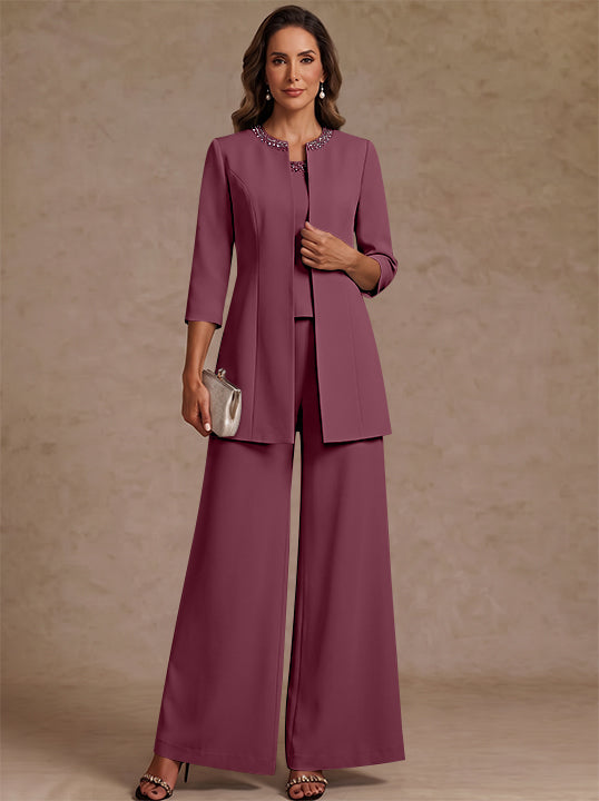 3 Pieces Scoop Chiffon Mother of the Bride Pantsuit Ankle-Length 3/4 Sleeves&Sleeveless Rhinestones with Jacket