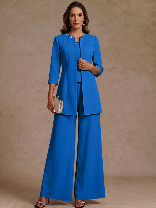 3 Pieces Scoop Chiffon Mother of the Bride Pantsuit Ankle-Length 3/4 Sleeves&Sleeveless Rhinestones with Jacket