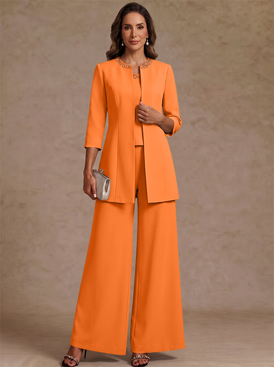3 Pieces Scoop Chiffon Mother of the Bride Pantsuit Ankle-Length 3/4 Sleeves&Sleeveless Rhinestones with Jacket