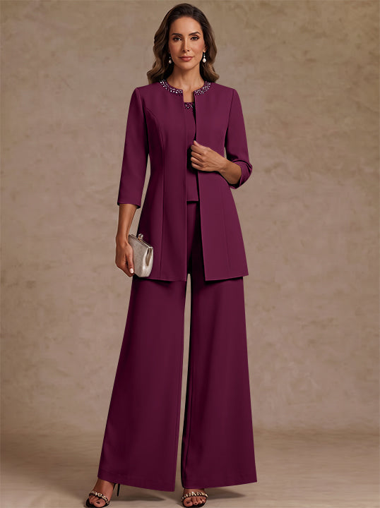 3 Pieces Scoop Chiffon Mother of the Bride Pantsuit Ankle-Length 3/4 Sleeves&Sleeveless Rhinestones with Jacket