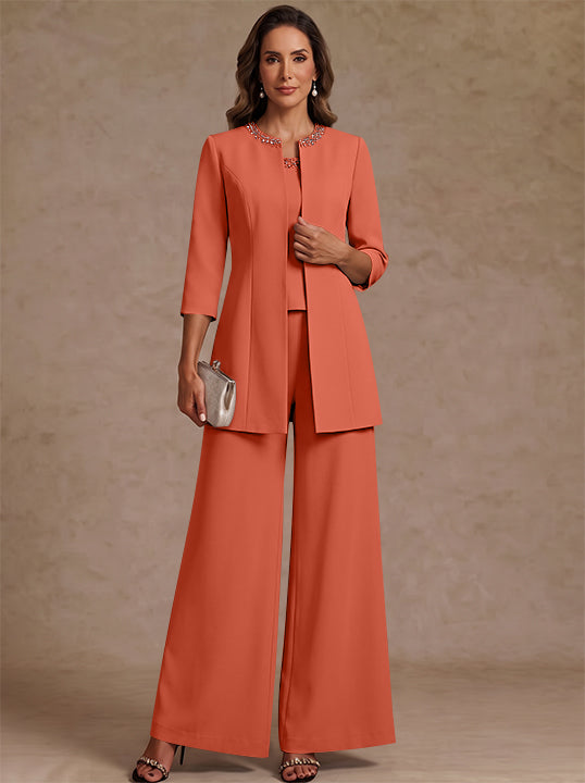 3 Pieces Scoop Chiffon Mother of the Bride Pantsuit Ankle-Length 3/4 Sleeves&Sleeveless Rhinestones with Jacket