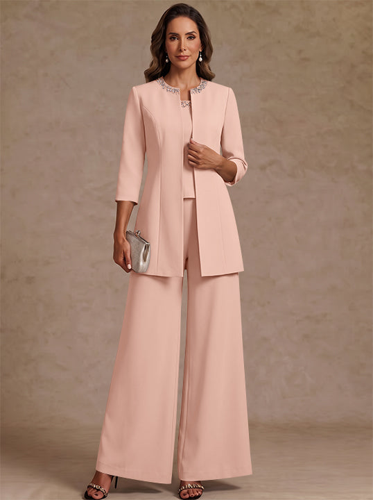 3 Pieces Scoop Chiffon Mother of the Bride Pantsuit Ankle-Length 3/4 Sleeves&Sleeveless Rhinestones with Jacket