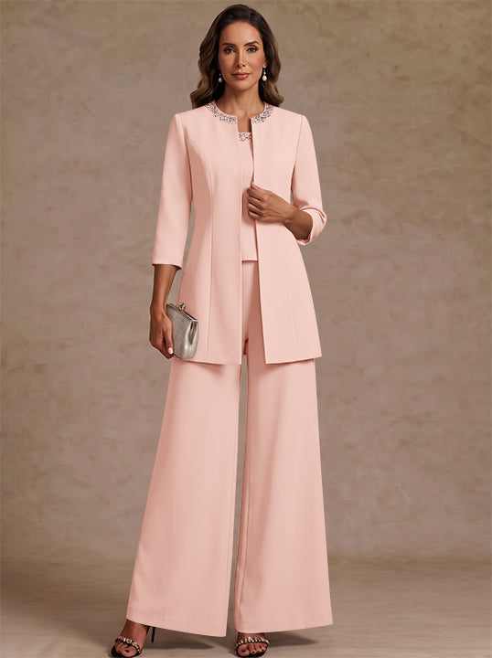 3 Pieces Scoop Chiffon Mother of the Bride Pantsuit Ankle-Length 3/4 Sleeves&Sleeveless Rhinestones with Jacket