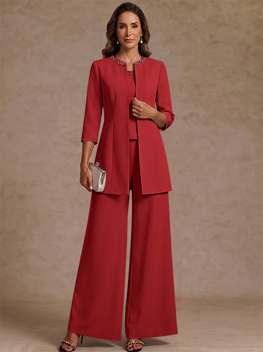 3 Pieces Scoop Chiffon Mother of the Bride Pantsuit Ankle-Length 3/4 Sleeves&Sleeveless Rhinestones with Jacket