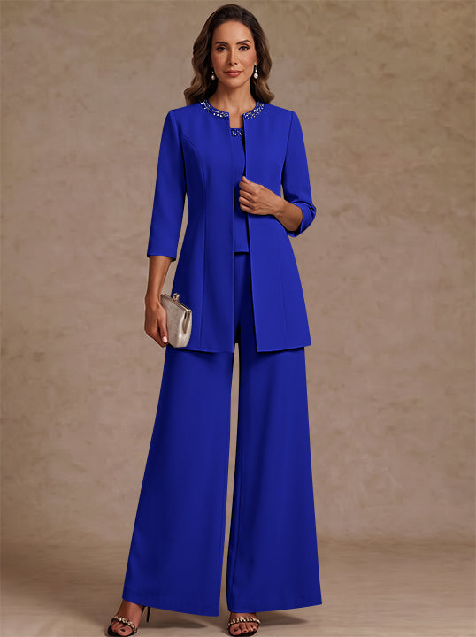 3 Pieces Scoop Chiffon Mother of the Bride Pantsuit Ankle-Length 3/4 Sleeves&Sleeveless Rhinestones with Jacket