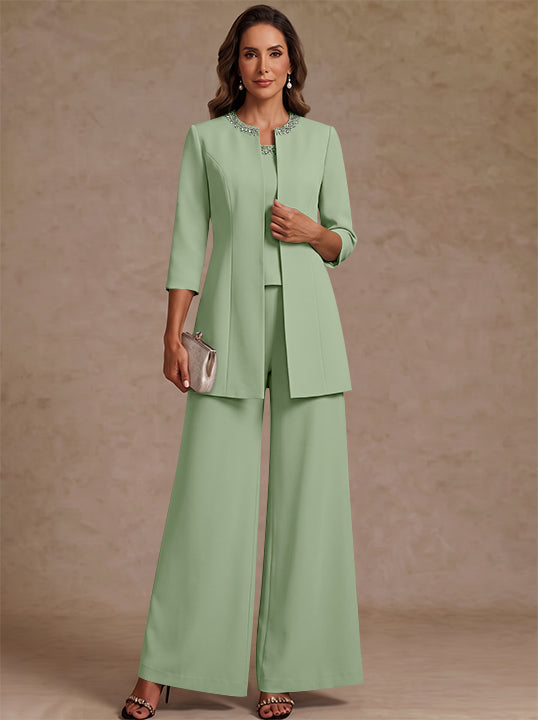 3 Pieces Scoop Chiffon Mother of the Bride Pantsuit Ankle-Length 3/4 Sleeves&Sleeveless Rhinestones with Jacket