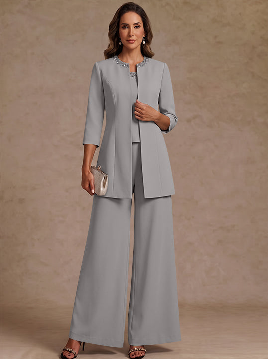 3 Pieces Scoop Chiffon Mother of the Bride Pantsuit Ankle-Length 3/4 Sleeves&Sleeveless Rhinestones with Jacket