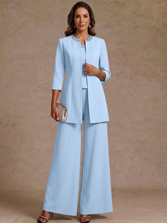 3 Pieces Scoop Chiffon Mother of the Bride Pantsuit Ankle-Length 3/4 Sleeves&Sleeveless Rhinestones with Jacket