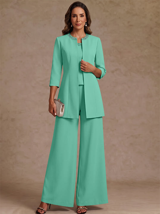 3 Pieces Scoop Chiffon Mother of the Bride Pantsuit Ankle-Length 3/4 Sleeves&Sleeveless Rhinestones with Jacket