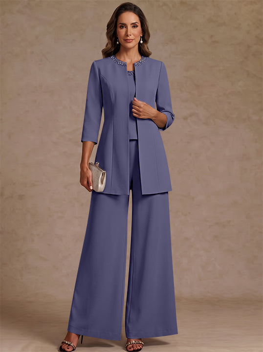 3 Pieces Scoop Chiffon Mother of the Bride Pantsuit Ankle-Length 3/4 Sleeves&Sleeveless Rhinestones with Jacket