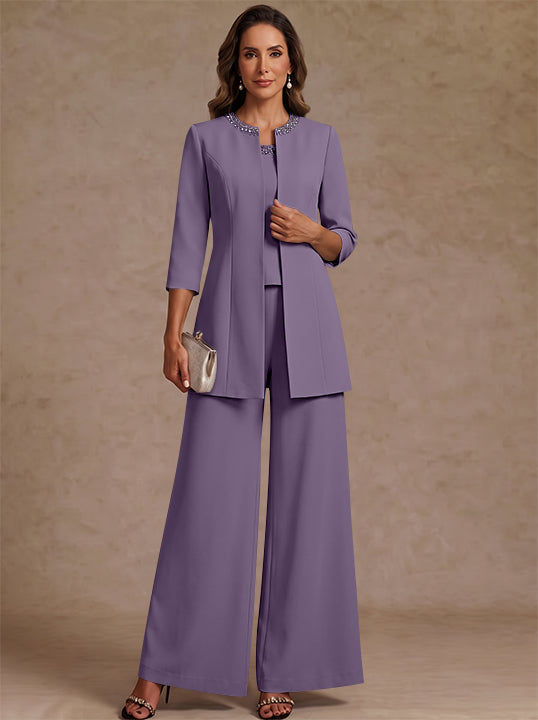 3 Pieces Scoop Chiffon Mother of the Bride Pantsuit Ankle-Length 3/4 Sleeves&Sleeveless Rhinestones with Jacket