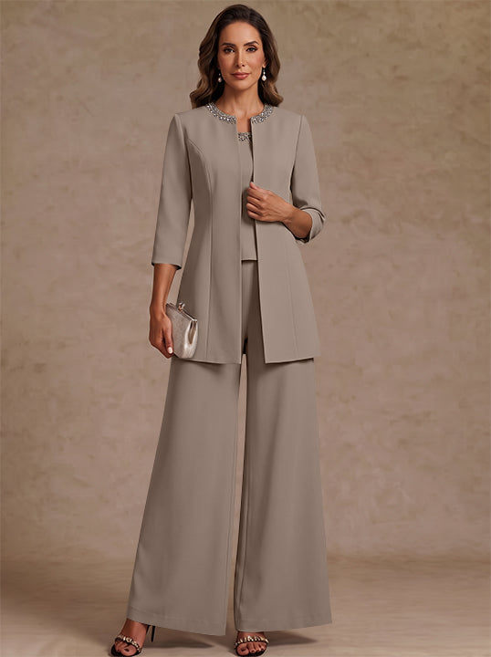 3 Pieces Scoop Chiffon Mother of the Bride Pantsuit Ankle-Length 3/4 Sleeves&Sleeveless Rhinestones with Jacket