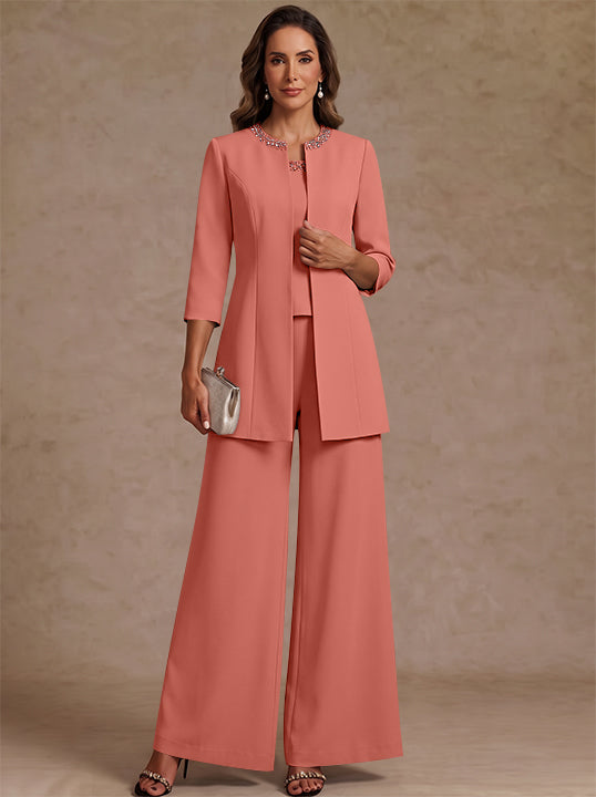 3 Pieces Scoop Chiffon Mother of the Bride Pantsuit Ankle-Length 3/4 Sleeves&Sleeveless Rhinestones with Jacket