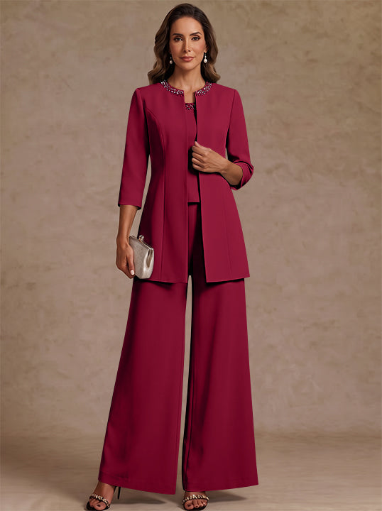 3 Pieces Scoop Chiffon Mother of the Bride Pantsuit Ankle-Length 3/4 Sleeves&Sleeveless Rhinestones with Jacket