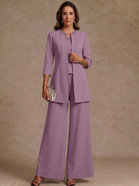 3 Pieces Scoop Chiffon Mother of the Bride Pantsuit Ankle-Length 3/4 Sleeves&Sleeveless Rhinestones with Jacket