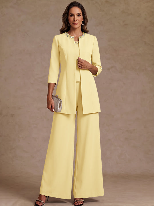 3 Pieces Scoop Chiffon Mother of the Bride Pantsuit Ankle-Length 3/4 Sleeves&Sleeveless Rhinestones with Jacket