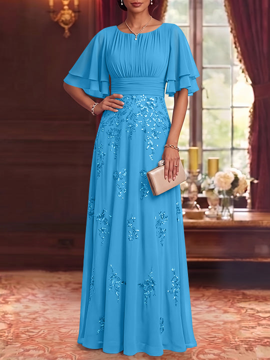 A-Line/Princess Scoop Chiffon Mother of the Bride Dresses Sequins Floor-Length Half Sleeves