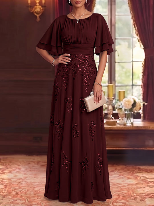 A-Line/Princess Scoop Chiffon Mother of the Bride Dresses Sequins Floor-Length Half Sleeves