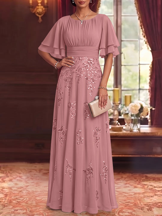 A-Line/Princess Scoop Chiffon Mother of the Bride Dresses Sequins Floor-Length Half Sleeves