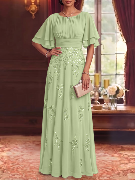 A-Line/Princess Scoop Chiffon Mother of the Bride Dresses Sequins Floor-Length Half Sleeves