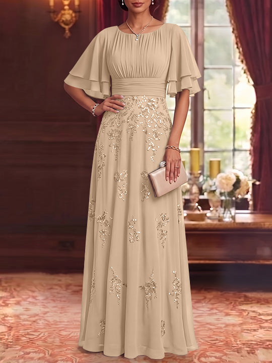 A-Line/Princess Scoop Chiffon Mother of the Bride Dresses Sequins Floor-Length Half Sleeves