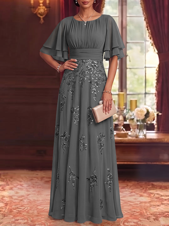 A-Line/Princess Scoop Chiffon Mother of the Bride Dresses Sequins Floor-Length Half Sleeves