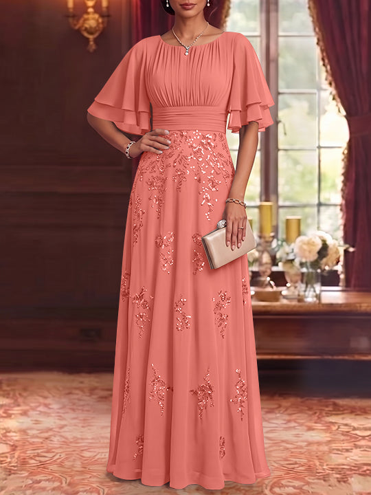 A-Line/Princess Scoop Chiffon Mother of the Bride Dresses Sequins Floor-Length Half Sleeves