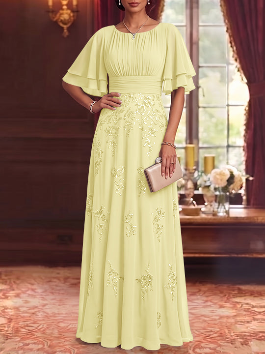 A-Line/Princess Scoop Chiffon Mother of the Bride Dresses Sequins Floor-Length Half Sleeves