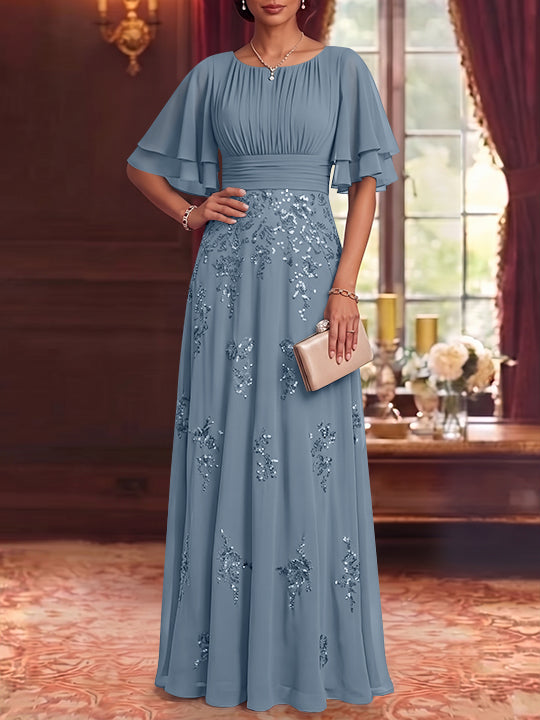A-Line/Princess Scoop Chiffon Mother of the Bride Dresses Sequins Floor-Length Half Sleeves