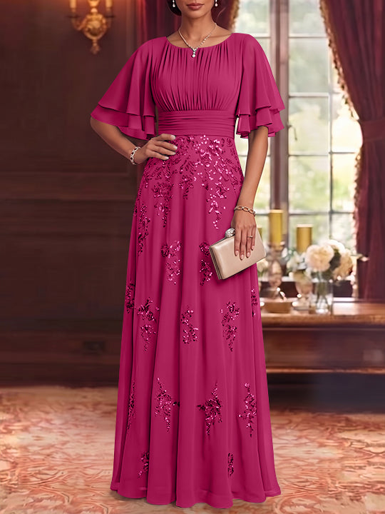 A-Line/Princess Scoop Chiffon Mother of the Bride Dresses Sequins Floor-Length Half Sleeves