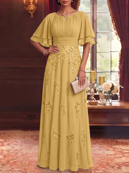 A-Line/Princess Scoop Chiffon Mother of the Bride Dresses Sequins Floor-Length Half Sleeves