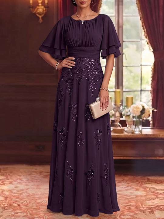 A-Line/Princess Scoop Chiffon Mother of the Bride Dresses Sequins Floor-Length Half Sleeves