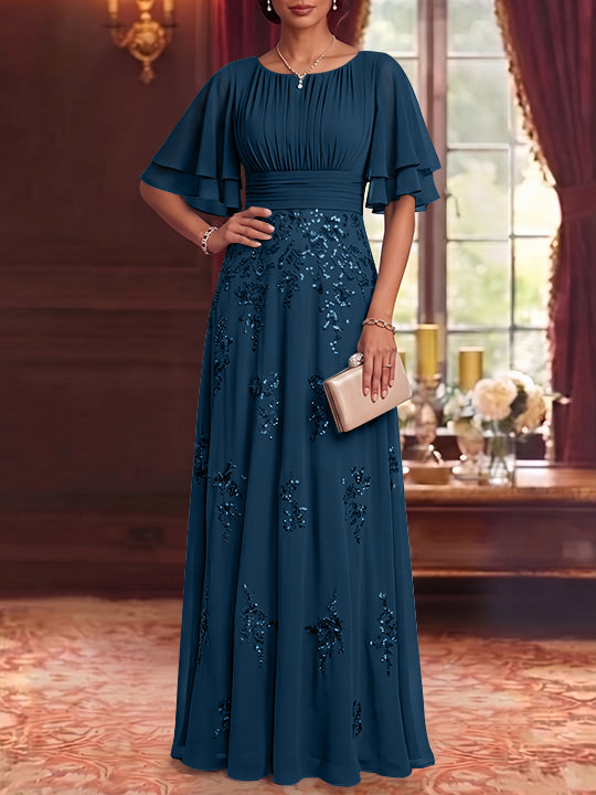 A-Line/Princess Scoop Chiffon Mother of the Bride Dresses Sequins Floor-Length Half Sleeves