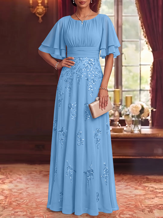 A-Line/Princess Scoop Chiffon Mother of the Bride Dresses Sequins Floor-Length Half Sleeves