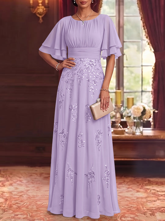 A-Line/Princess Scoop Chiffon Mother of the Bride Dresses Sequins Floor-Length Half Sleeves