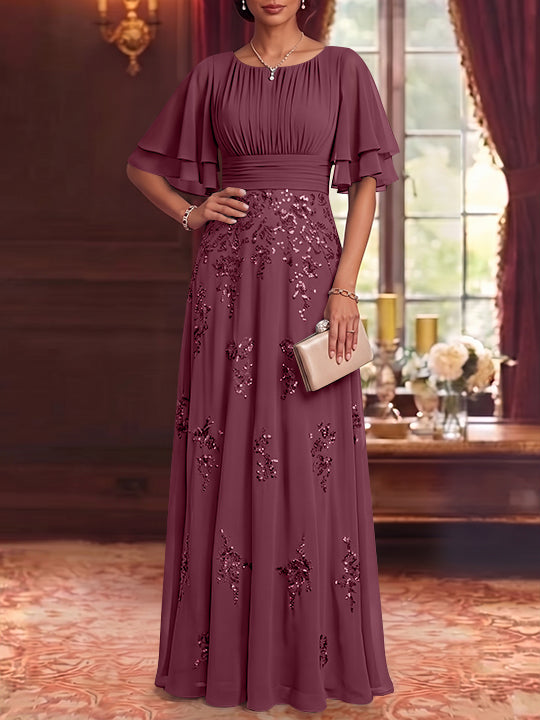 A-Line/Princess Scoop Chiffon Mother of the Bride Dresses Sequins Floor-Length Half Sleeves