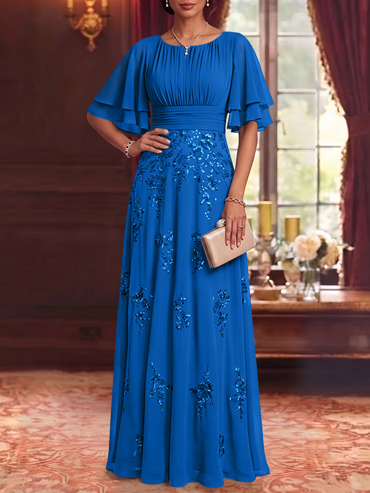 A-Line/Princess Scoop Chiffon Mother of the Bride Dresses Sequins Floor-Length Half Sleeves