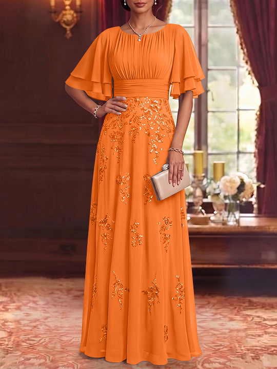 A-Line/Princess Scoop Chiffon Mother of the Bride Dresses Sequins Floor-Length Half Sleeves