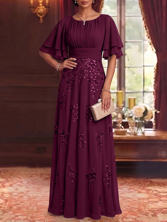 A-Line/Princess Scoop Chiffon Mother of the Bride Dresses Sequins Floor-Length Half Sleeves