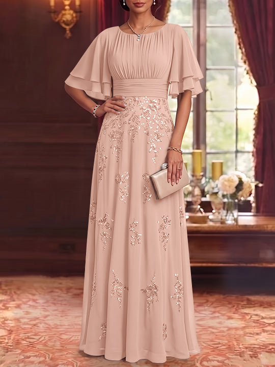 A-Line/Princess Scoop Chiffon Mother of the Bride Dresses Sequins Floor-Length Half Sleeves