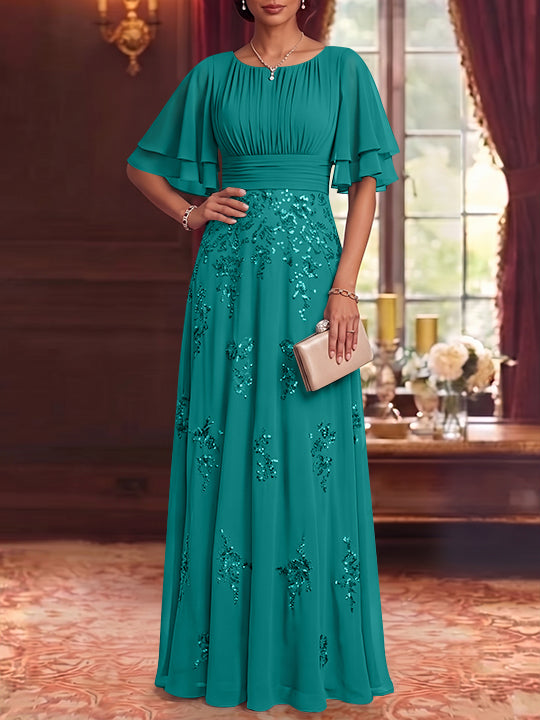 A-Line/Princess Scoop Chiffon Mother of the Bride Dresses Sequins Floor-Length Half Sleeves