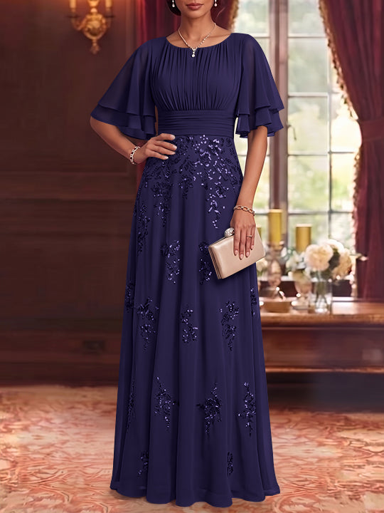 A-Line/Princess Scoop Chiffon Mother of the Bride Dresses Sequins Floor-Length Half Sleeves