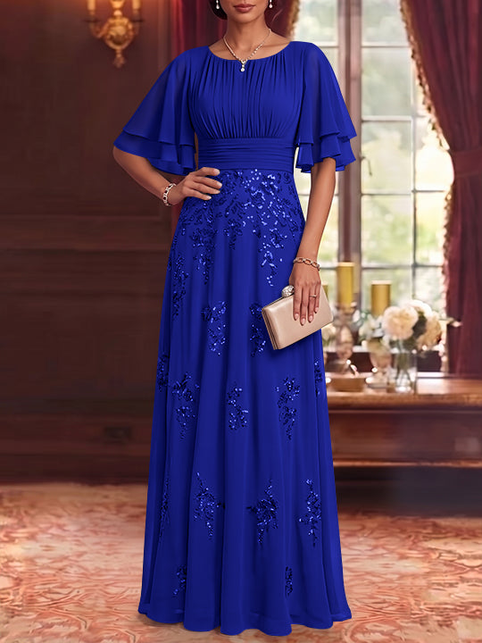 A-Line/Princess Scoop Chiffon Mother of the Bride Dresses Sequins Floor-Length Half Sleeves