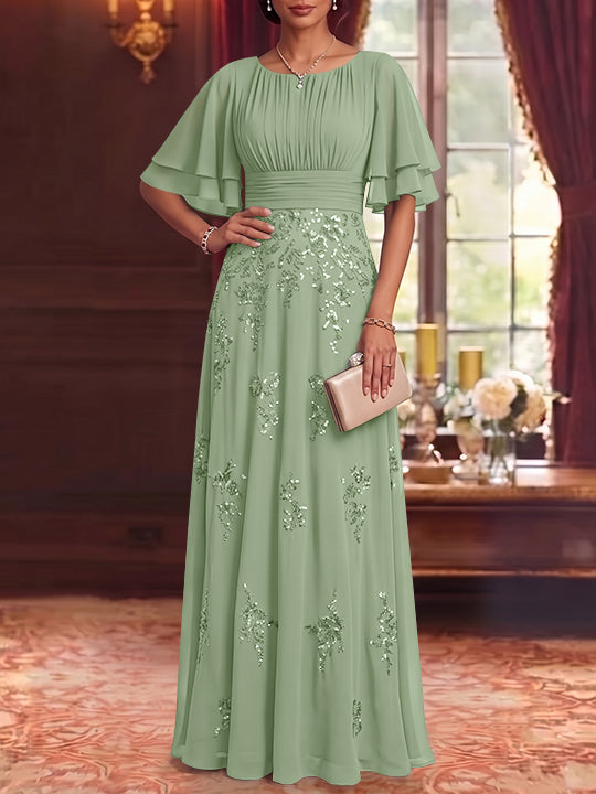 A-Line/Princess Scoop Chiffon Mother of the Bride Dresses Sequins Floor-Length Half Sleeves